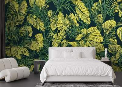 photorealistic print of exotic, elegant tropical green prints, isolated in a black background. pattern Wall mural