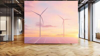 Photovoltaic solar panels installed on the roof of a building to produce green electricity at sunset in pink sunlight. Renewable energy production concept. Solar panels and wind power generation  Wall mural