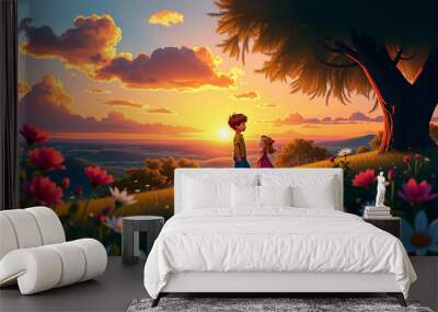 Picturesque wallpaper, sunset and sunrise in the field, beautiful views, children, meadow, Wall mural