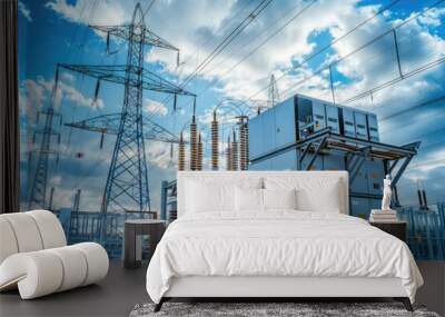 Power transmission equipment and high-voltage lines near a utility substation Wall mural