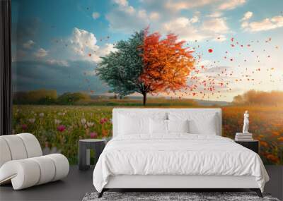 Professional photography split to show contrasting seasons: one half lush green spring landscape with blooming flowers, the other half autumn scene with colorful falling leaves.

 Wall mural