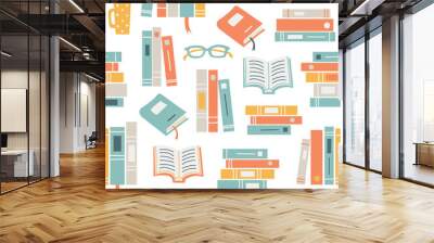 Seamless pattern background with books, glasses and mugs. Reading themed hand drawn vector illustration. Wall mural