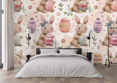 Seamless pattern of Easter eggs and little rabbits in watercolor style. Generative AI. Wall mural