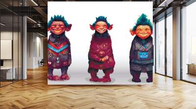 Set of 3 cute smiling trolls. Fantasy Monster. Gnomes, dwarfs Wall mural