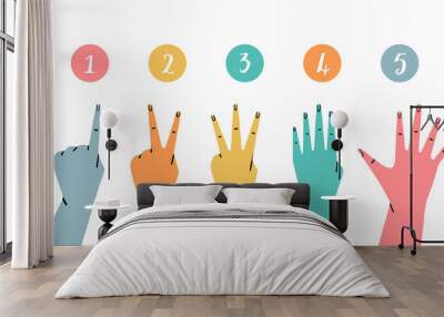 Set of finger count hand gestures with numbers from one to five. Hand drawn flat colorful vector illustration. Wall mural