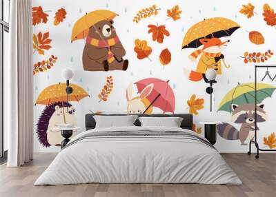 Set of flat vector illustrations in children's style. Cute animals in raincoats and with umbrellas. Hedgehog fox bear raccoon hare in the rain, fall leaves. Vector illustration Wall mural