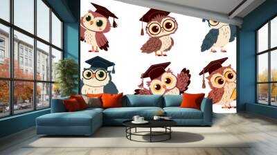 Set of flat vector illustrations in children's style. Cute owls with glasses and graduation hat, pointing with wing and reading books. Vector illustration Wall mural