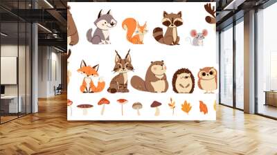 Set of flat vector illustrations. Forest animals, bear mouse hare elk deer hedgehog fox squirrel raccoon beaver lynx owl mushrooms, fall leaves . Vector illustration Wall mural