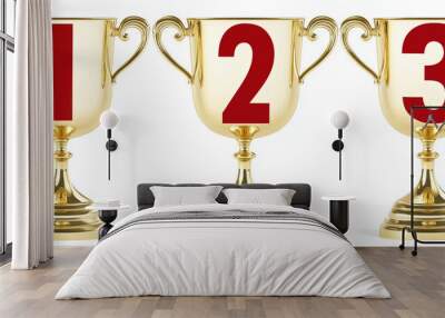 Set of gold, winner isolated on transparent white.  Winner trophy seats red number 1 2 3. Can be used as a symbol associated with a tournament or prize, championship. Sports achievement. Wall mural