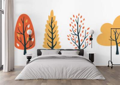 Set of vector trees in Scandinavian style. Autumn trees and Christmas trees on white background. Simple vector illustration . Vector illustration.  Wall mural