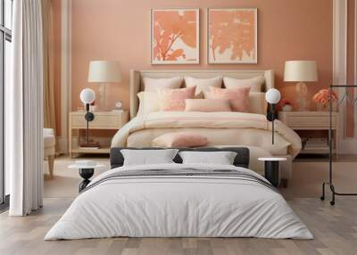 Stylish bedroom interior of fashionable Apricot Crush peach-orange color. Bedroom design with a bed, indoor plants, painting Wall mural