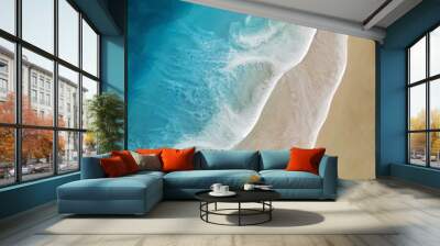 Top view on sea wave with white foam and light beige sand. Fluid, pour drawing of epoxy resin. Summer sunny beach painting, seascape, blue, azure, turquoise color of water, shore.  Wall mural