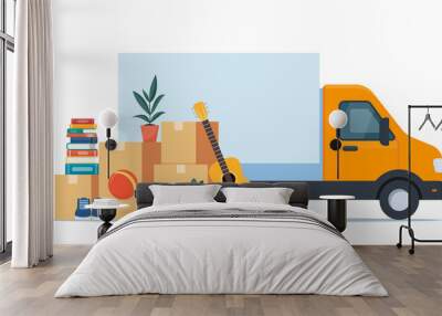 Truck and household items. Moving to new house. Relocated to new home. Boxes with goods. Package transportation. Things, clothes, furniture. Vector illustration. Wall mural