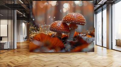 Two fungi sitting on green grass, a common occurrence in nature Wall mural