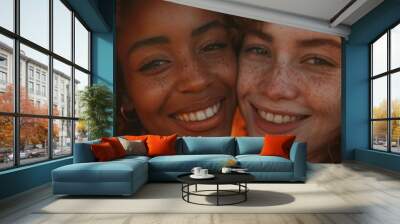 Two happy women with freckles smiling at the camera, perfect for a friendship or love concept Wall mural