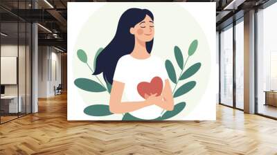 Vector flat illustration. Peaceful girl holding a core in her hands, happy girl loves herself. Concept of psychology, mental health and self love. Vector illustration Wall mural