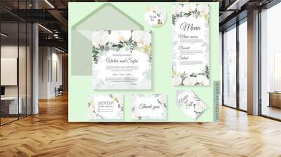 Vector floral template for wedding invitations. Orchid flowers, round gold frame, green plants, leaves. All elements are isolated. Invitation card, thanks, rsvp, menu. Wall mural