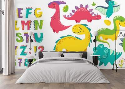 Vector set for printing on baby clothes. Dinosaurs, letters, numbers, volcano, carnivorous plants, flowers, twigs, alphabet stylized as dinosaurs. Bright letters and monsters. Wall mural