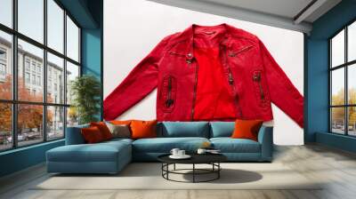 Stylish red leather jacket designed for kids, showcased on a plain white background. Ideal for fashion-oriented projects. Wall mural