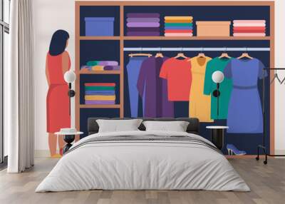 Woman standing in front of opened closet with apparel hanging inside and pile of clothes on floor. Cleaning throwing things home closet, organize clothing order. Vector illustration. Wall mural