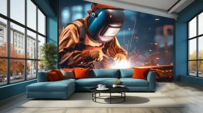 Woman welder in protective workwear in industrial factory. Wall mural