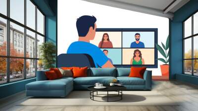 Worker using computer for collective virtual meeting and group video conference. Man at desktop chatting with friends online. Vector illustration. Wall mural