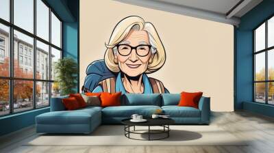 An elderly woman with glasses and a backpack is happily smiling Wall mural