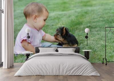 baby child and yorkshire terrier outdoors Wall mural