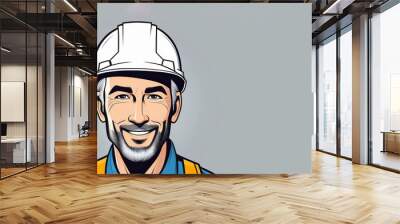 Bearded man in hard hat smiling with gesture, sports gear on head Wall mural