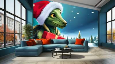 cute green dragon in santa hat, symbol 2024 new year on winter background created with generative ai technology. High quality illustration Wall mural