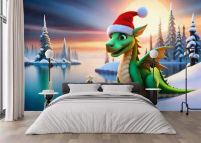 cute green dragon in santa hat, symbol 2024 new year on winter background created with generative ai technology Wall mural