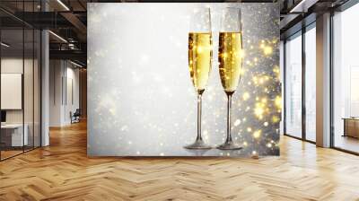 flutes with champagne or fizzy white wine on black background with blurred sparkles in the back Wall mural