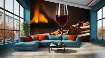 hot red wine, traditional winter drink, christmas mulled wine in a glass on a festive cozy background created with generative ai technology Wall mural