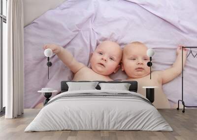 indoor portrait of two young baby twins at home Wall mural