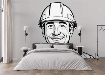 Man in hard hat smiling in black and white drawing with sports equipment Wall mural