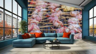 many prawns in bacon bbq sticks on grill, outdoor, summer bbq ti Wall mural