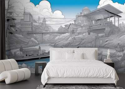 Monochrome art of boats on a river under cloudy sky Wall mural