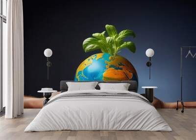 Person holding globe with plant growing, symbolic of Earth as living organism Wall mural