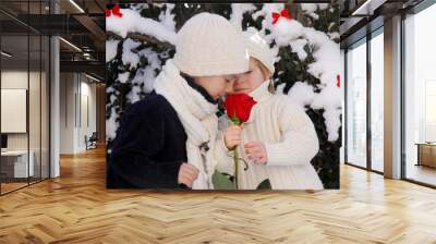 two young children with red rose on winter background Wall mural