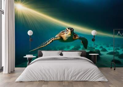 underwater photo of a turtle swimming in tropical sea water, underwater landscape, marine wildlife created with generative ai technology. High quality photo Wall mural