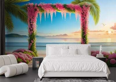 wedding arch decorated with fresh flowers on sandy tropical beach, marriage set up, engagement design, tropical wedding decorations created with generative ai technology.  Wall mural