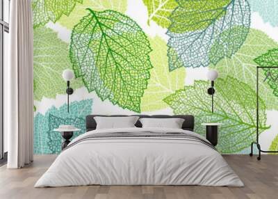 Background with blue and green leaves. Nature banner. Frame with plants. Template  Wall mural