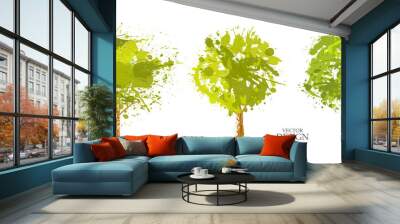 Set of summer trees and paint blot, splashes, drops  Wall mural