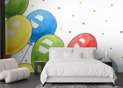 Watercolor banner with birthday balloons for congratulations. Greeting card, background, postcard, invitation. Hand drawn cute air balls for holiday, party Wall mural