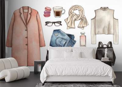 watercolor hand drawing sketch fashion outfit, a set of clothes and accessories. casual style. isola Wall mural