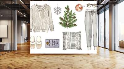 watercolor hand drawing sketch fashion outfit, a set of clothes and accessories. home style. isolated elements Wall mural