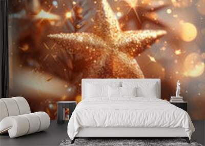 A gold star sits proudly on the top of a decorated Christmas tree vertical background Wall mural