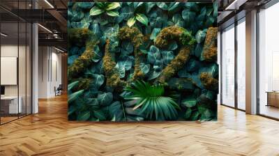 A green wall with plants 2025 and the word love spelled out using letters New Year Wall mural