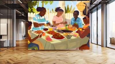 A group of individuals gathered around a table enjoying a meal together Black history month. Juneteenth day Wall mural