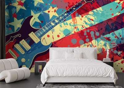 A guitar stands against an American flag background, symbolizing patriotism and music banner Wall mural